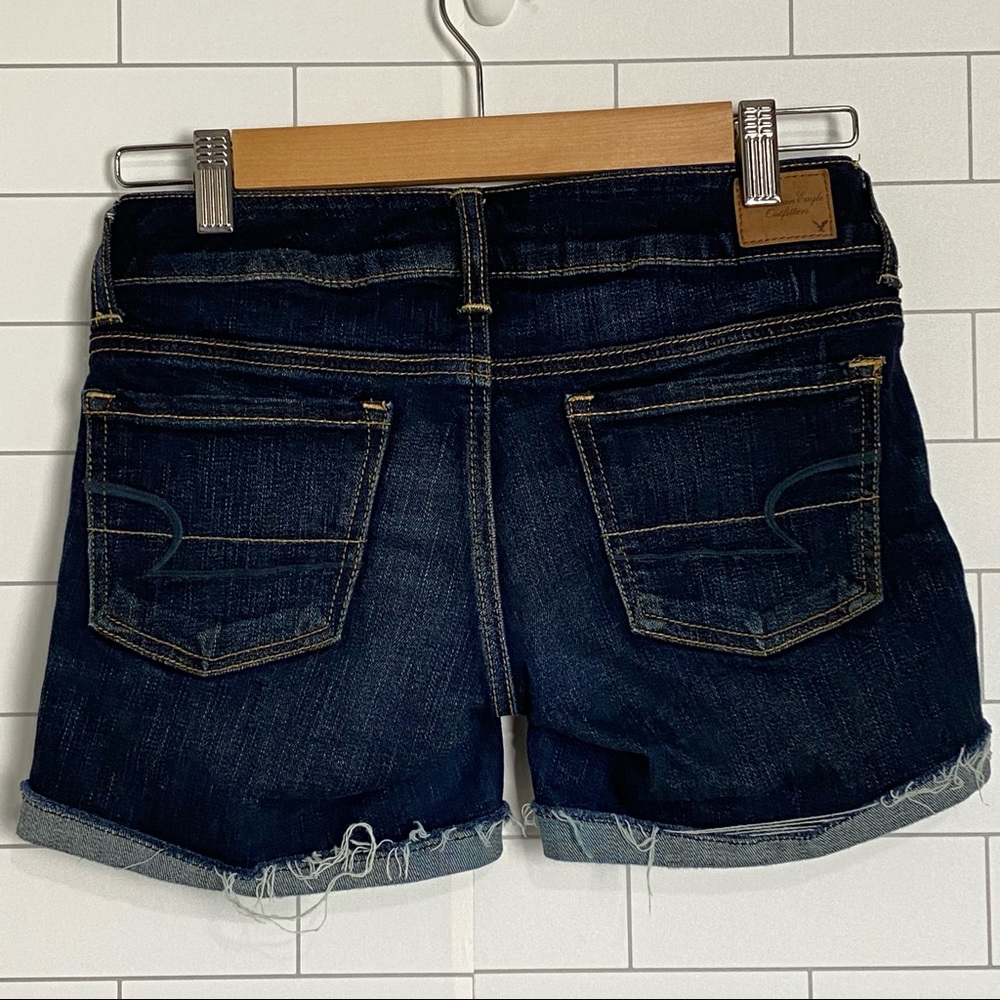 American Eagle Jean Shorts Stretch Size 2 Cuffed Frayed Hems Dark Wash Denim